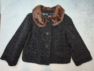 Astrakin Regency Vtg 50's 60's Faux Persian Lamb Mink Collar Waist Length Coat